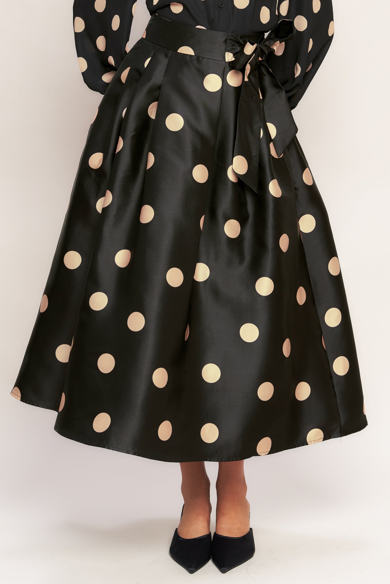 Moonlight Dots Woven Full Midi Skirt With Side Zipper Tie Flying Tomato